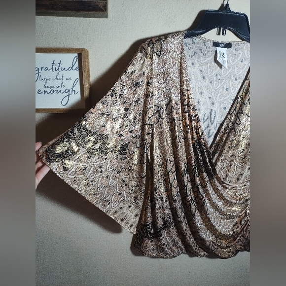 Vintage Y2K JBS Top Gold Pattern Glitter Cold Shoulder - Picture 3 of 16